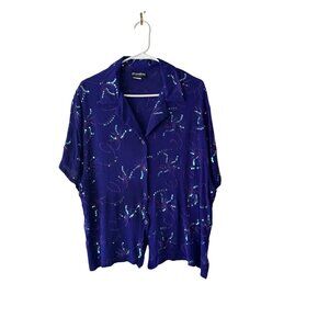 Womens Vintage Purple Sequin Embellished Button-Up Blouse Short Sleeve 2X